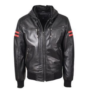 Herren Leder Bomberjacke Remmy Schwarz mit Kapuze