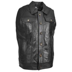 Herren Lederweste Klassischer Trucker-Stil Schwarz