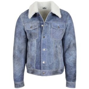 Noah Herren Lammfelljacke Trucker-Stil Denim-Blau