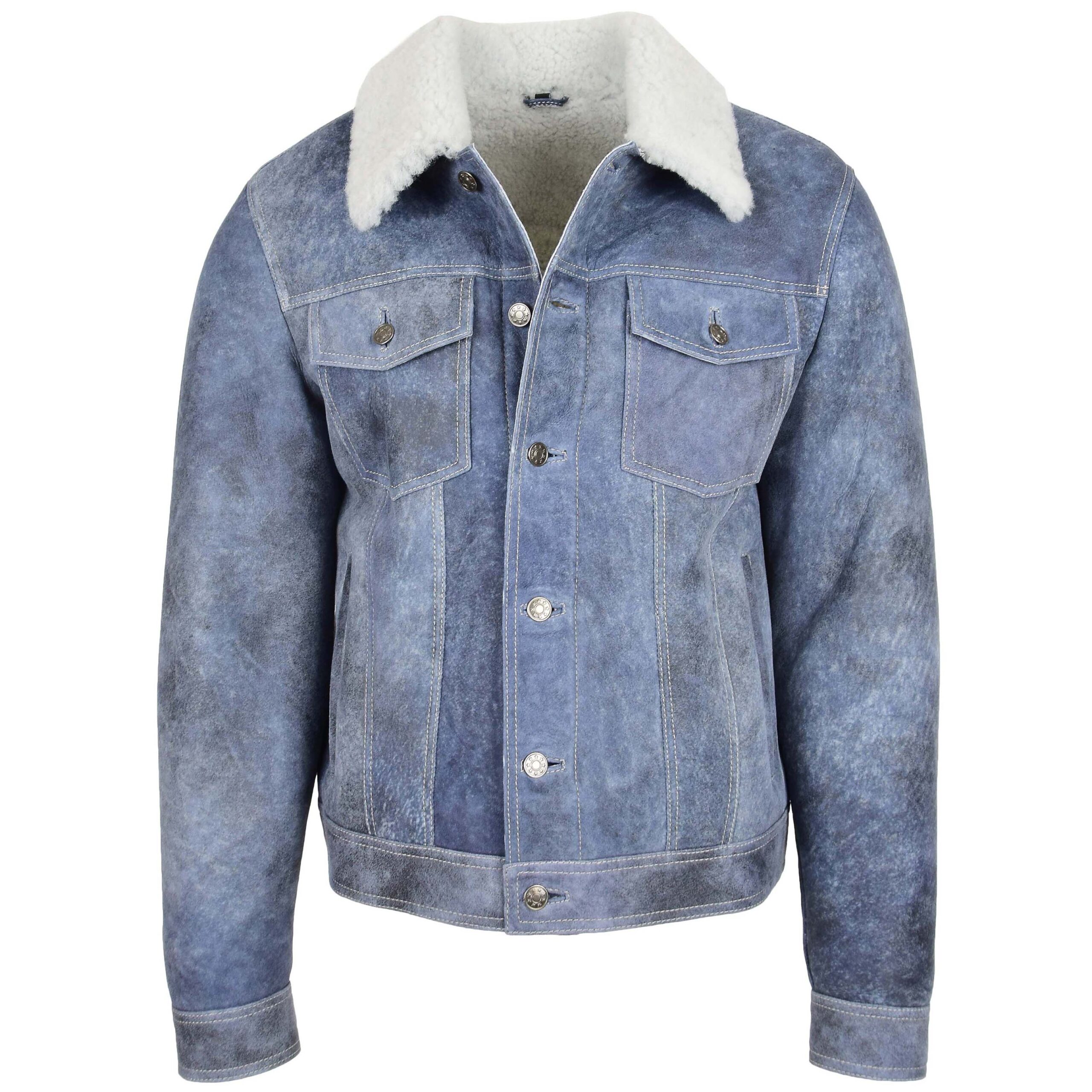 Noah Herren Lammfelljacke Trucker-Stil Denim-Blau