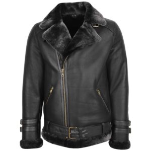 Alvin Herren Aviator Biker Lammfelljacke Schwarz