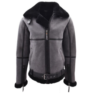 Tyler Herren Aviator Lammfelljacke Grau Schwarz