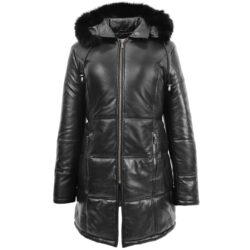 Lisa Damen Leder-Puffer-Mantel Schwarz 3/4-Länge