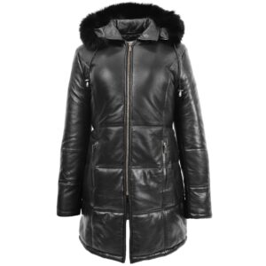 Lisa Damen Leder-Puffer-Mantel Schwarz 3/4-Länge