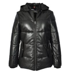 Myra Damen Leder-Pufferjacke Schwarz mit abnehmbarer Kapuze