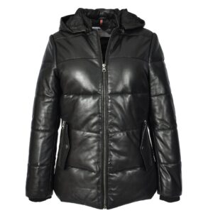 Myra Damen Leder-Pufferjacke Schwarz mit abnehmbarer Kapuze