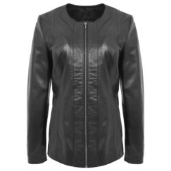 Damen Klassische Lederjacke in Jade Schwarz Kragenlos