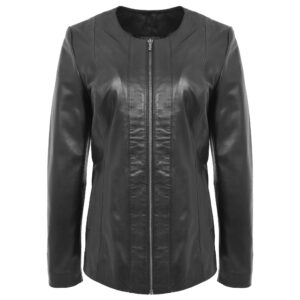 Damen Klassische Lederjacke in Jade Schwarz Kragenlos