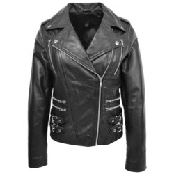 Cara Damen Leder-Bikerjacke mit diagonalem Reißverschluss Schwarz