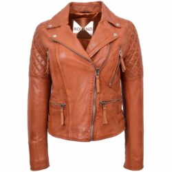 Damen Biker Lederjacke Claudia in Cognac