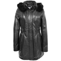 Damen Leder-Mantel Kathy mit abnehmbarer Kapuze Schwarz
