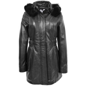 Damen Leder-Mantel Kathy mit abnehmbarer Kapuze Schwarz