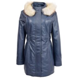 Damen Leder-Mantel Kathy mit abnehmbarer Kapuze Blau