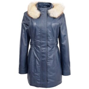 Damen Leder-Mantel Kathy mit abnehmbarer Kapuze Blau