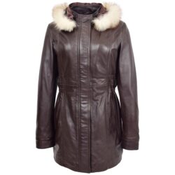 Damen Leder-Mantel Kathy in Braun mit abnehmbarer Kapuze