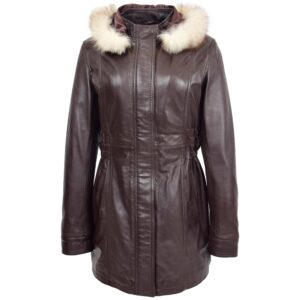 Damen Leder-Mantel Kathy in Braun mit abnehmbarer Kapuze