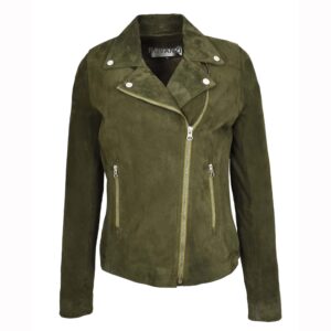 Lola Damen Bikerjacke aus Veloursleder in Olivgrün