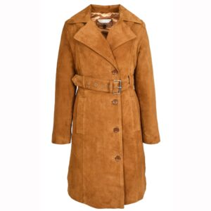 Damen Veloursleder-Mantel Foxy Cognac mit Gürtel