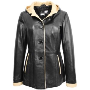 Carolina Damen Lederjacke mit Kapuze Schwarz Beige