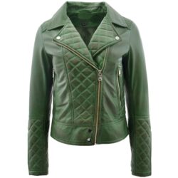 Ziva Damen Biker-Lederjacke in Grün mit Steppdetails