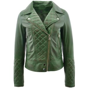 Ziva Damen Biker-Lederjacke in Grün mit Steppdetails