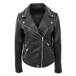 Maya Damen Biker Lederjacke Schwarz mit Reißverschluss
