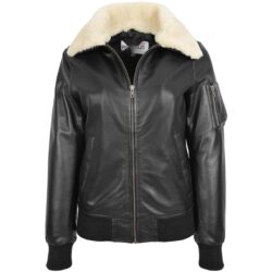 Thea Damen Leder Bomberjacke mit abnehmbarem Kragen Schwarz