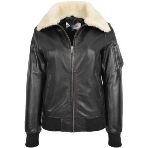 Thea Damen Leder Bomberjacke mit abnehmbarem Kragen Schwarz