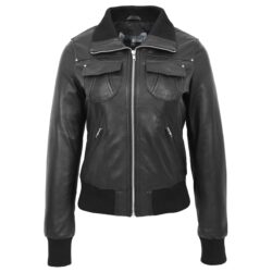 Klassische Damen Leder-Bomberjacke Schwarz