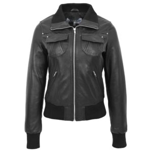 Klassische Damen Leder-Bomberjacke Schwarz