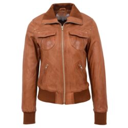 Klassische Damen Leder-Bomberjacke in Tan