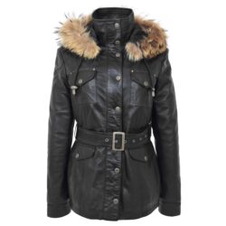 Damen Leder-Mantel Daisy mit abnehmbarer Kapuze Schwarz