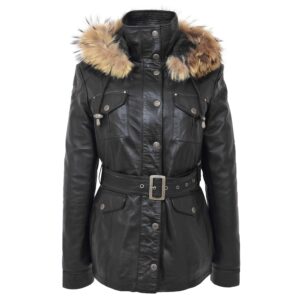Damen Leder-Mantel Daisy mit abnehmbarer Kapuze Schwarz