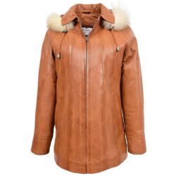 Jane Damen Leder-Mantel mit Kapuze in Tan