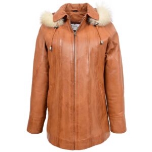Jane Damen Leder-Mantel mit Kapuze in Tan