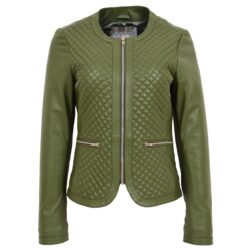 Joan Damen Lederjacke Steppmuster Olivgrün Kragenlos