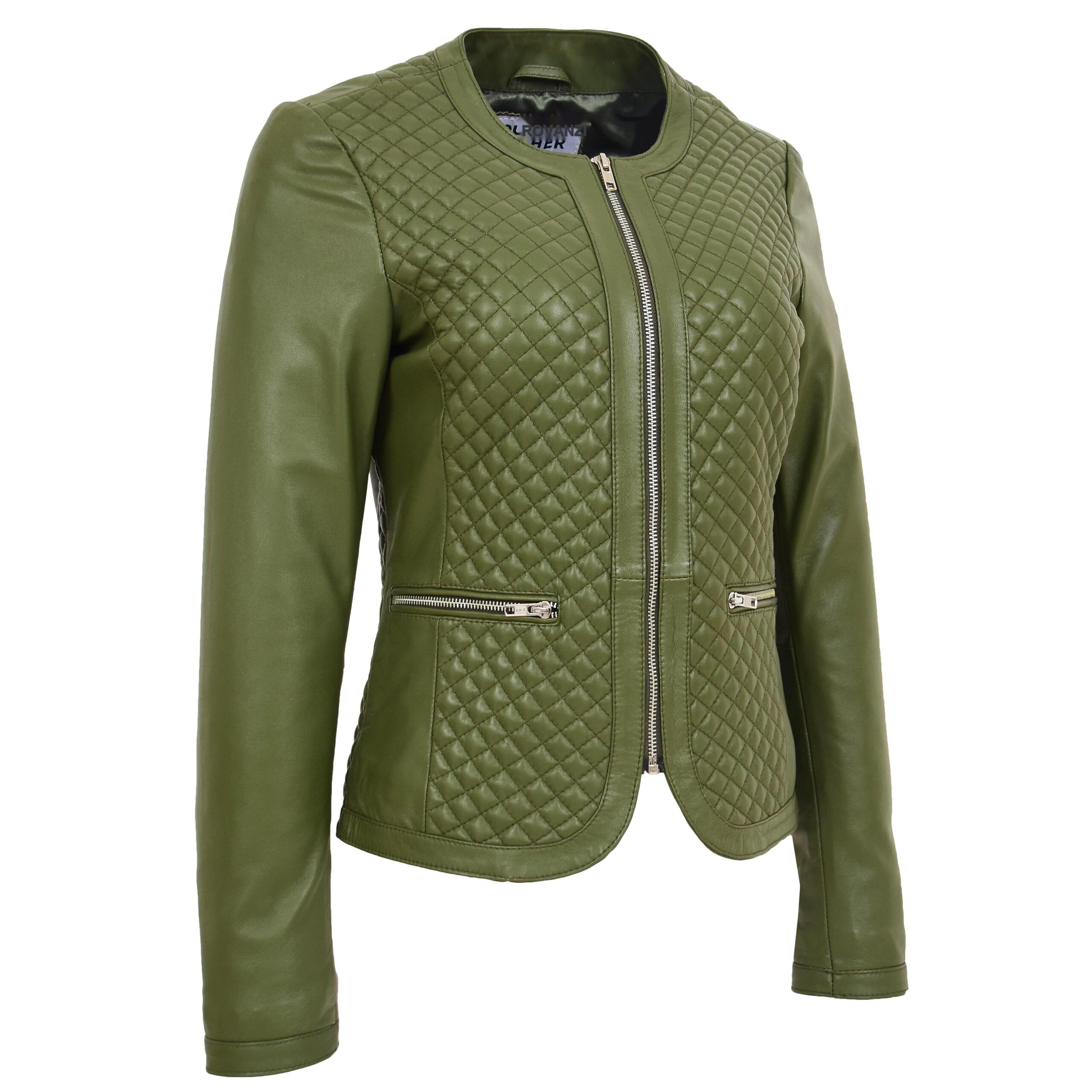 Joan Damen Lederjacke Steppmuster Olivgrün Kragenlos - Image 3