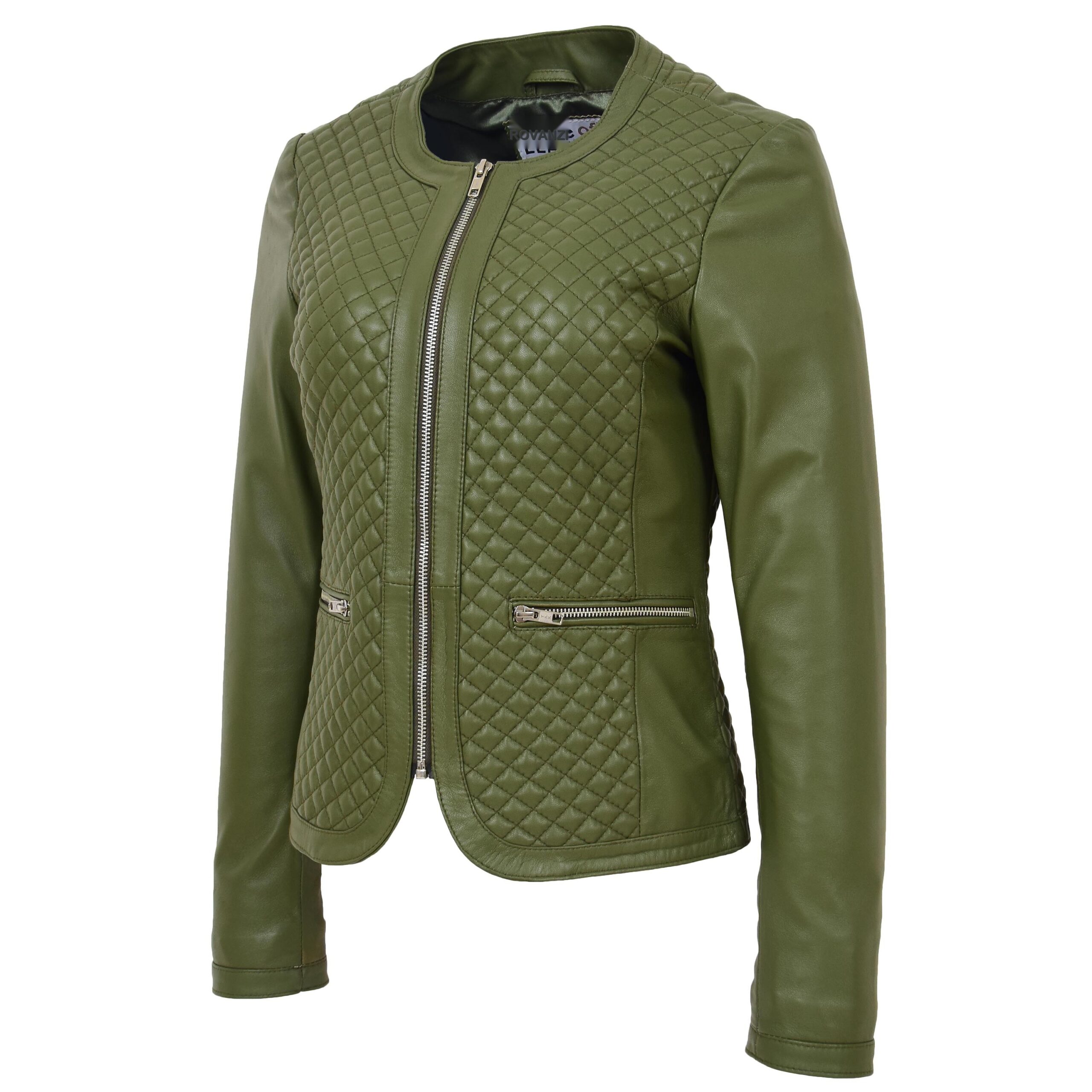 Joan Damen Lederjacke Steppmuster Olivgrün Kragenlos - Image 4
