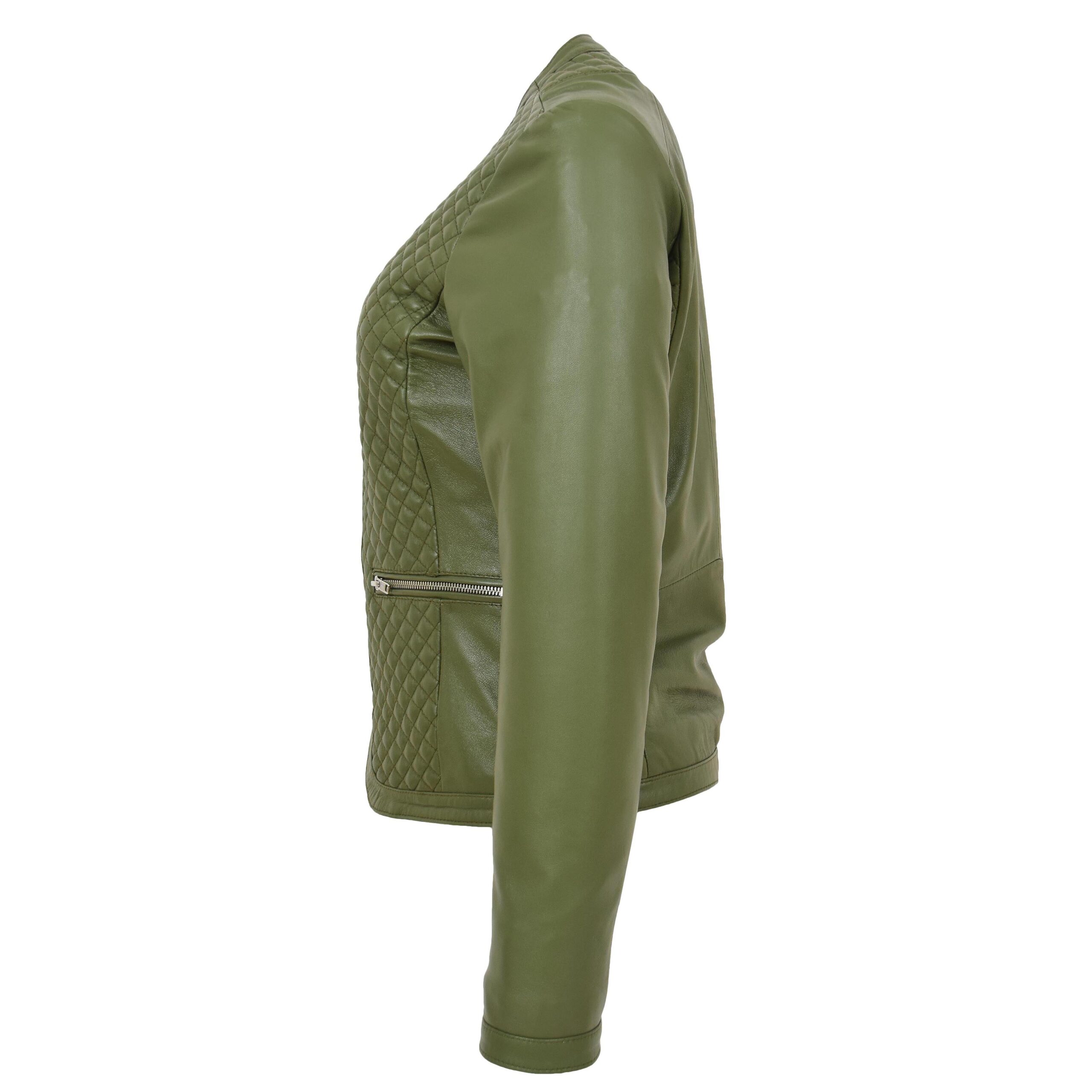 Joan Damen Lederjacke Steppmuster Olivgrün Kragenlos - Image 5