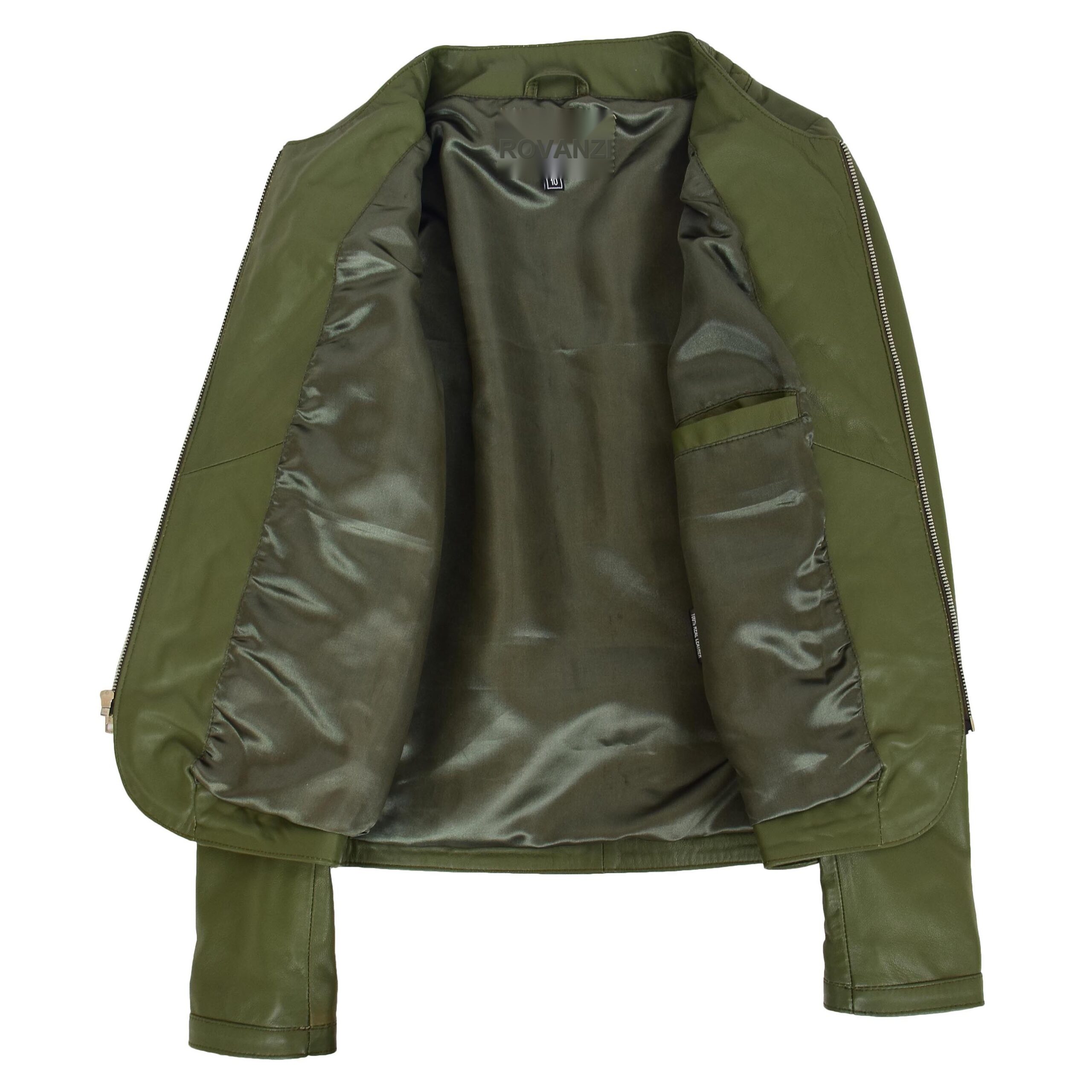 Joan Damen Lederjacke Steppmuster Olivgrün Kragenlos - Image 6