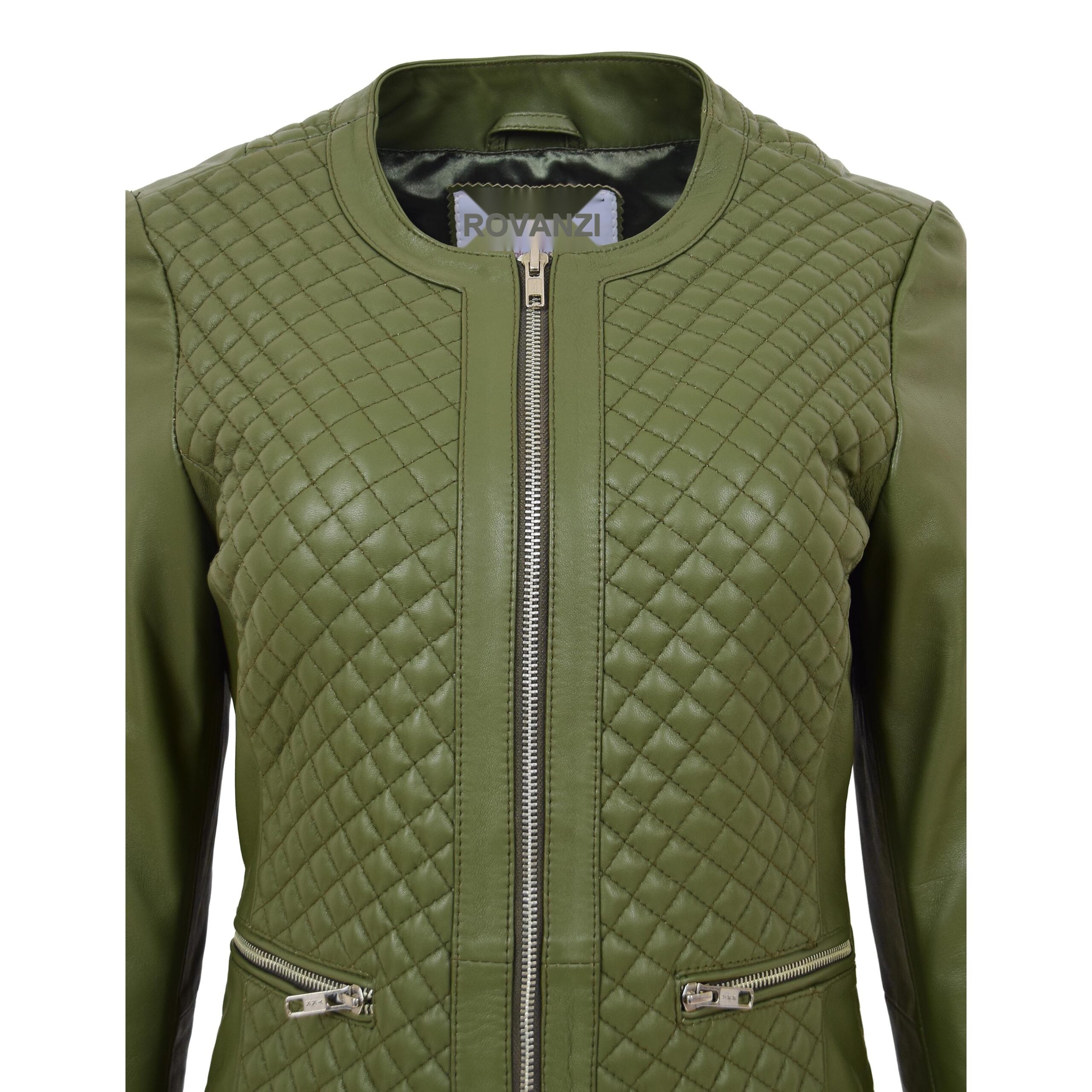 Joan Damen Lederjacke Steppmuster Olivgrün Kragenlos - Image 7
