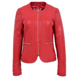 Damen Lederjacke Joan Rot kragenlos mit Steppmuster