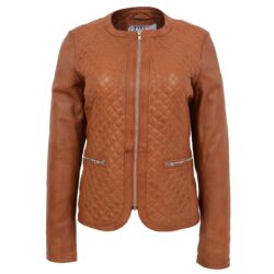 Damen Lederjacke Joan in Tan kragenlos mit Steppmuster