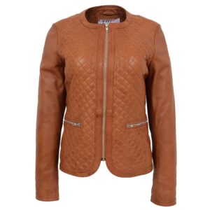 Damen Lederjacke Joan in Tan kragenlos mit Steppmuster