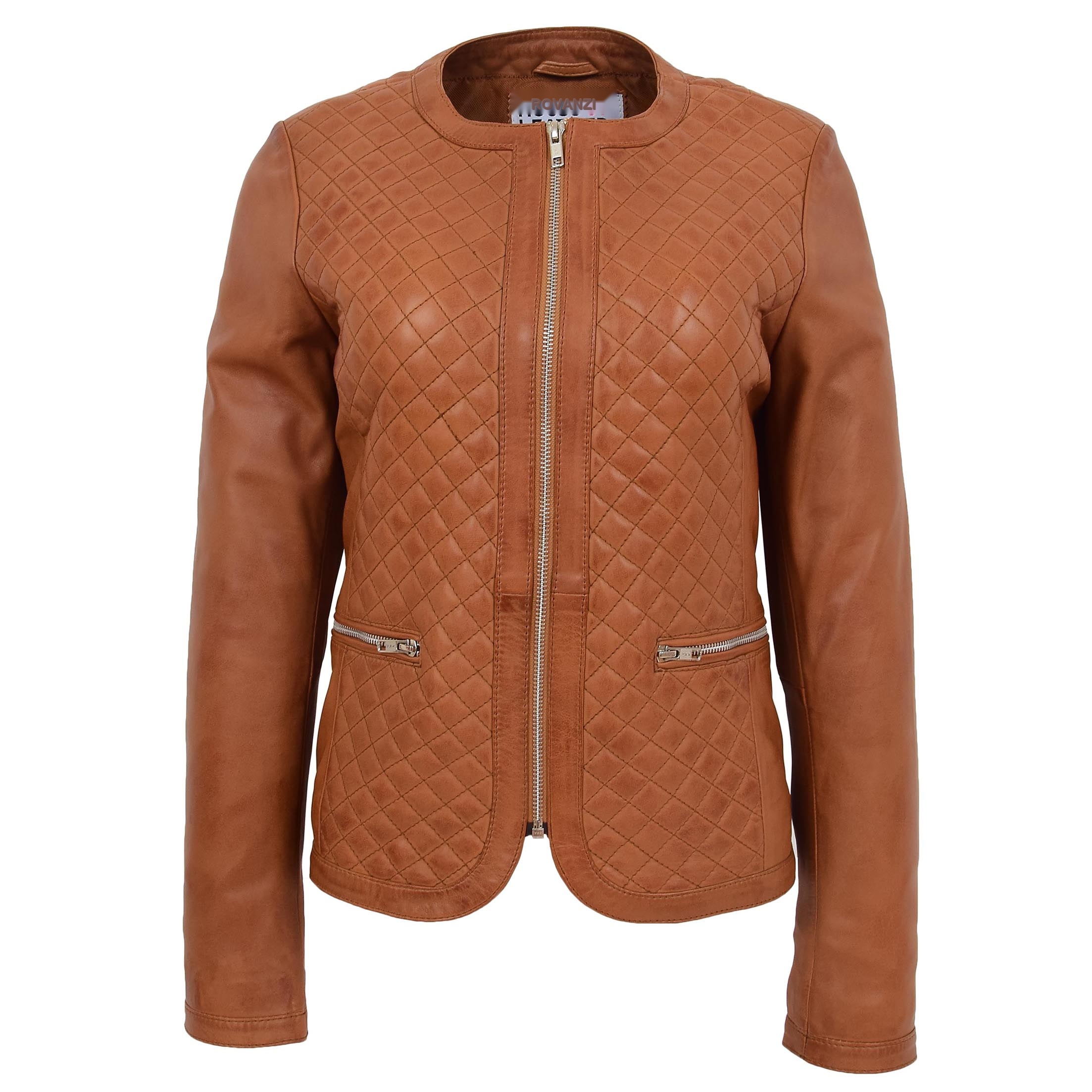 Damen Lederjacke Joan in Tan kragenlos mit Steppmuster