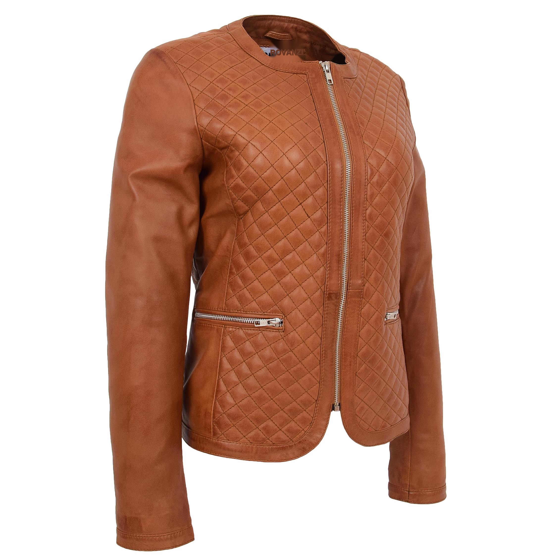 Damen Lederjacke Joan in Tan kragenlos mit Steppmuster - Image 3