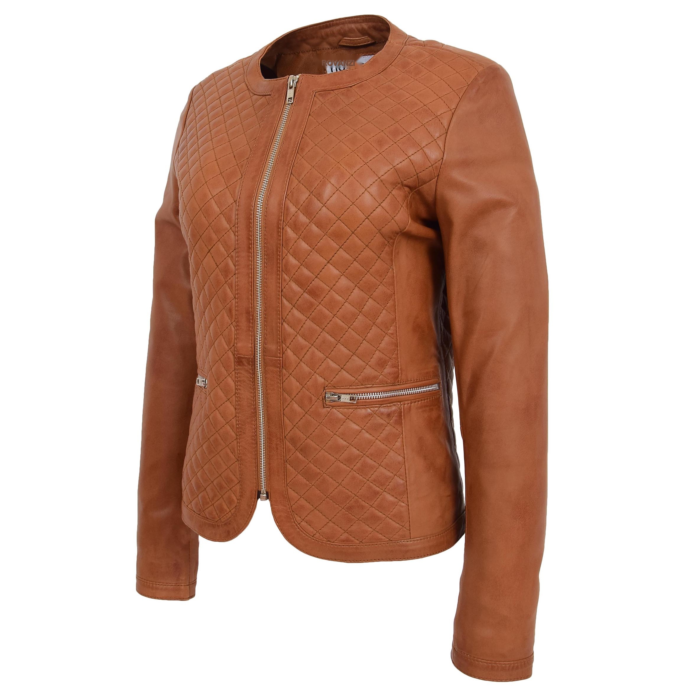 Damen Lederjacke Joan in Tan kragenlos mit Steppmuster - Image 4