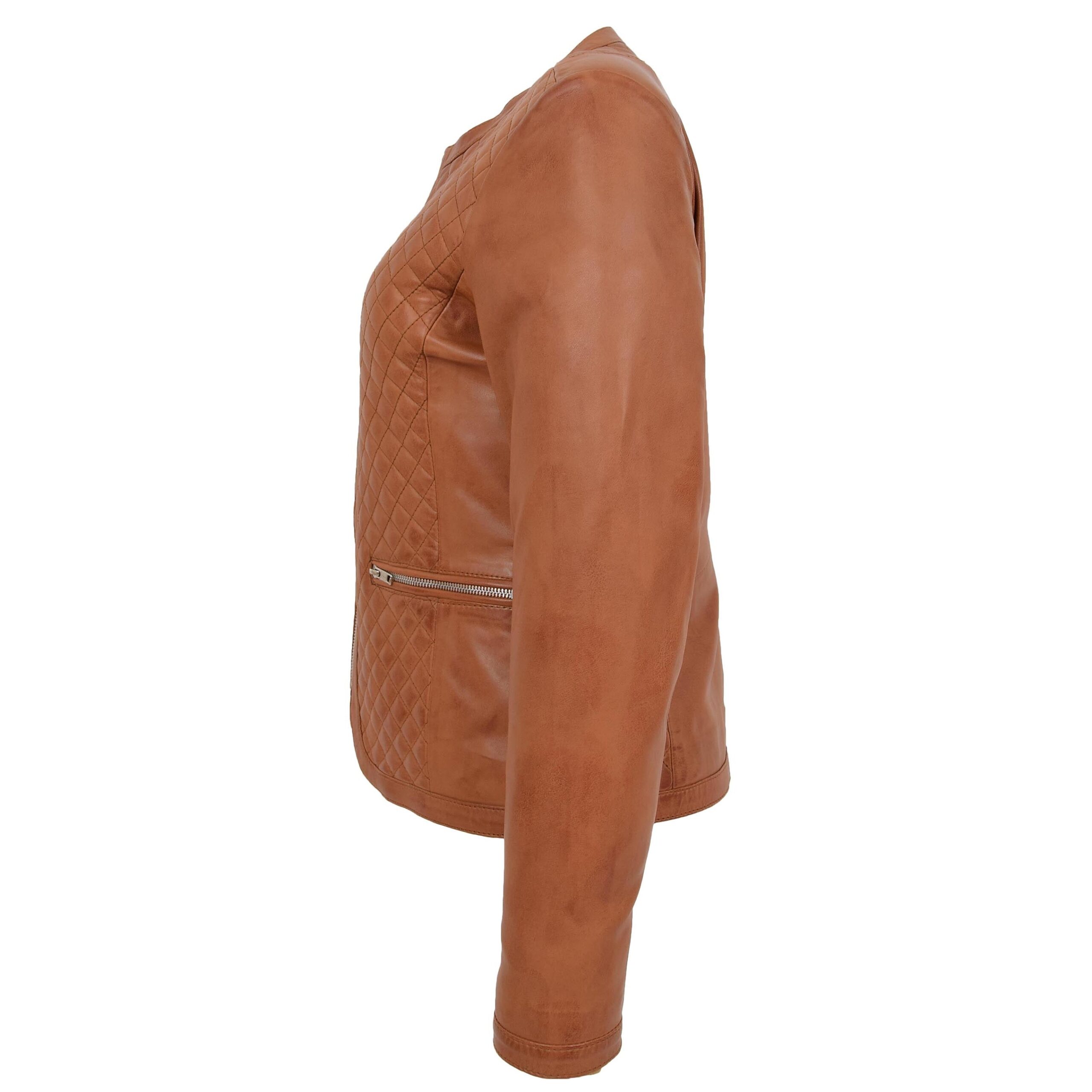 Damen Lederjacke Joan in Tan kragenlos mit Steppmuster - Image 5