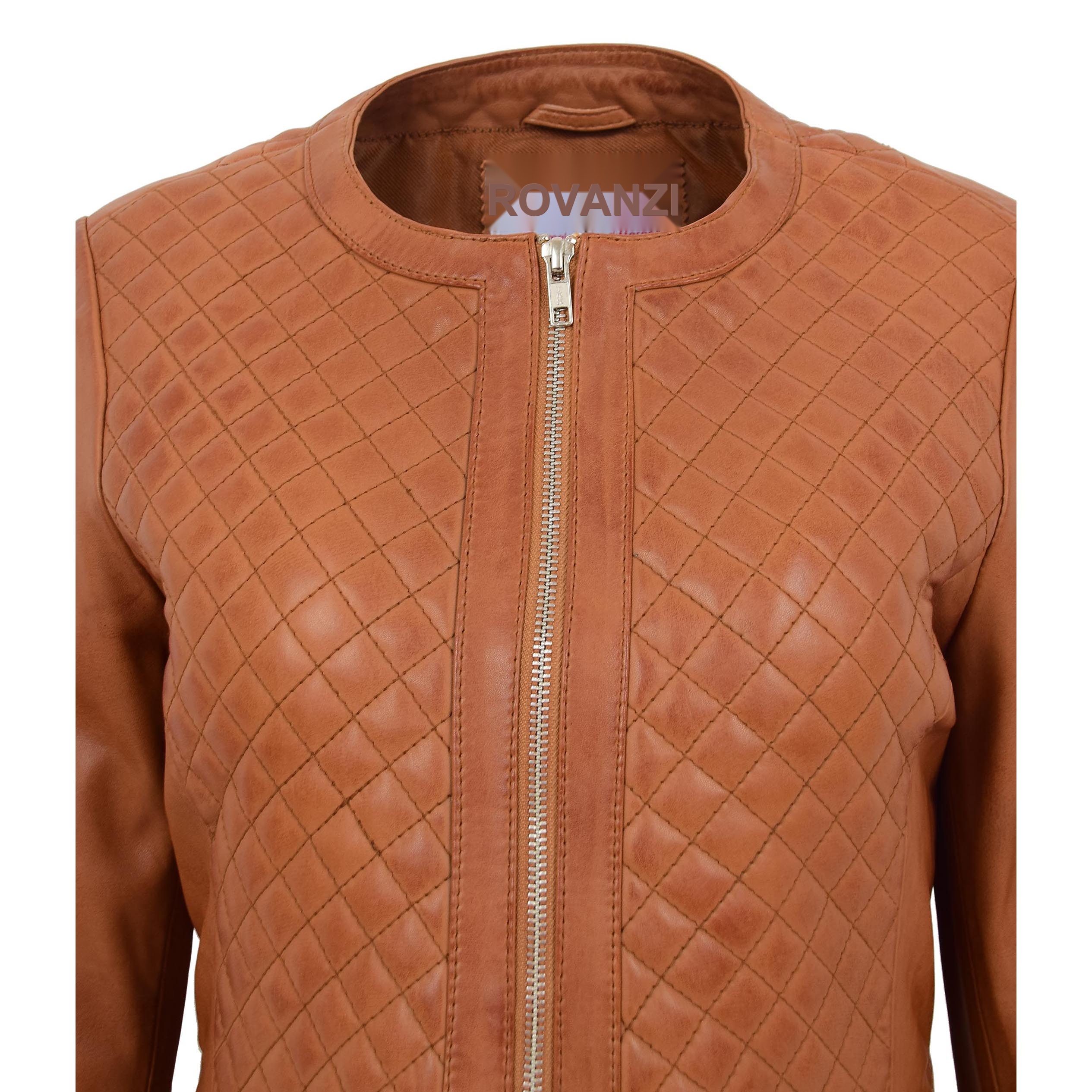 Damen Lederjacke Joan in Tan kragenlos mit Steppmuster - Image 7