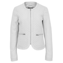 Joan Damen Lederjacke Kragenlos Weiß gesteppt